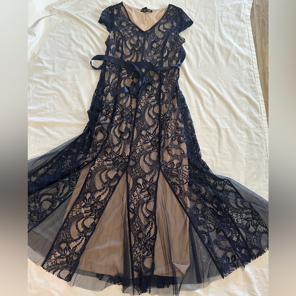 Cardalite Navy  Blue/ Tan Lace Maxi Dress* Sheer Lace Festive Dress - Picture 14 of 16